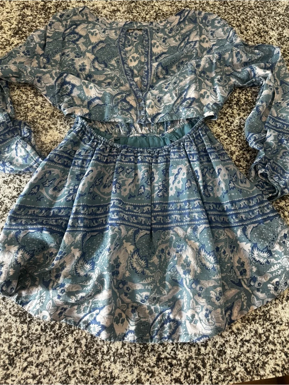Blue & White Print Free People Dress w Back Cutout